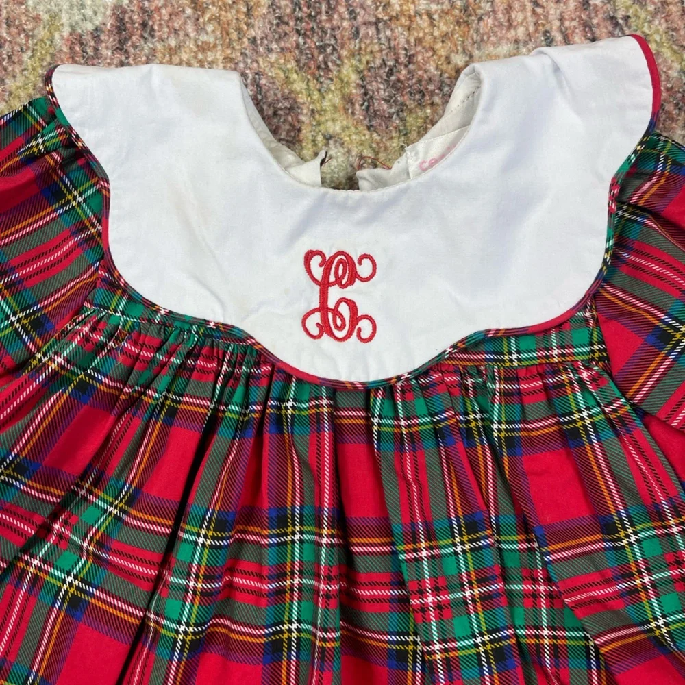 Cecil & Lou Plaid Christmas Dress with White Collar Monogram “C” Baby Size 12M